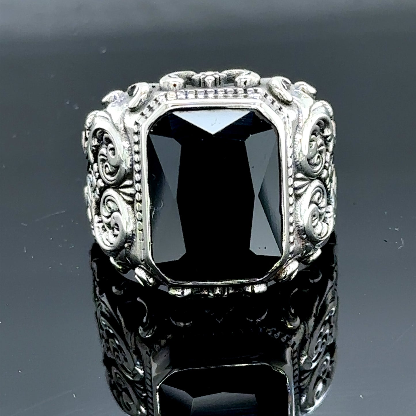 Men Handmade Black Zircon Stone Engraved Silver Ring