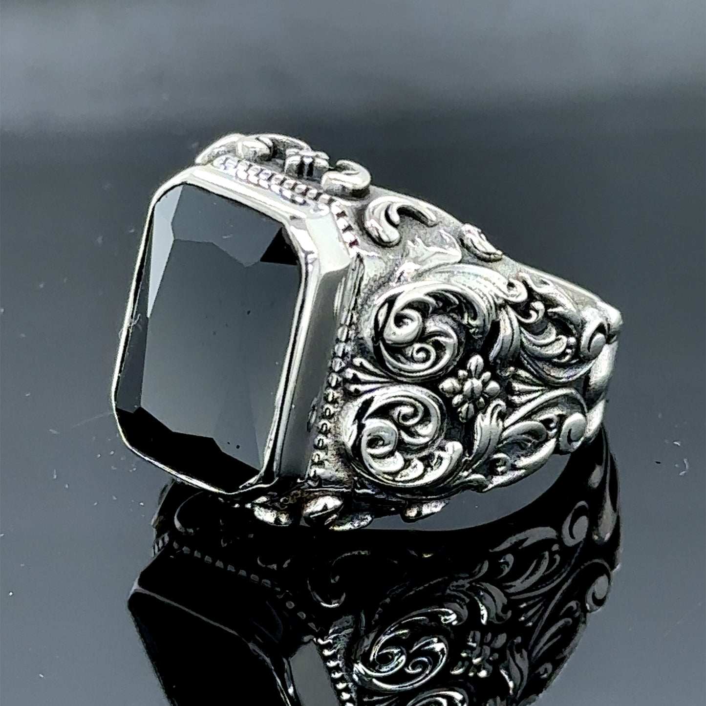 Men Handmade Black Zircon Stone Engraved Silver Ring