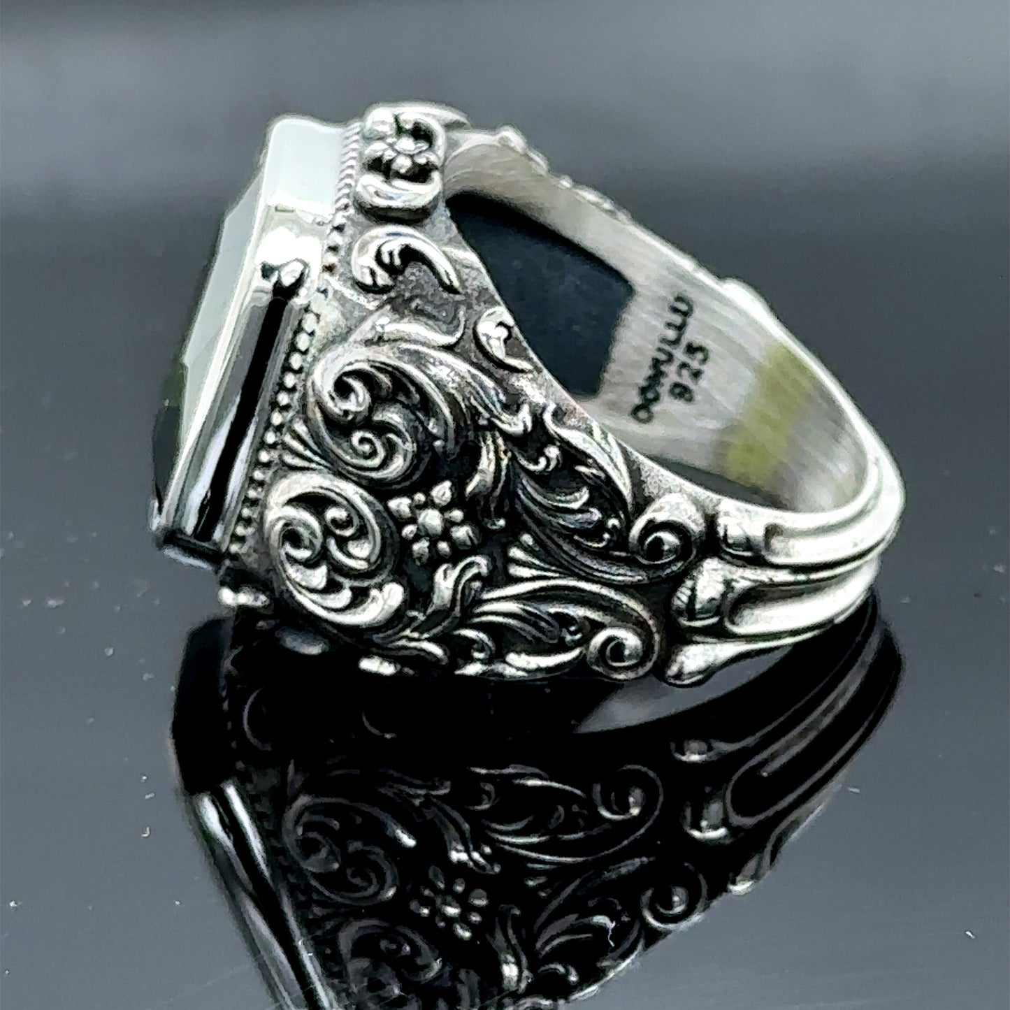 Men Silver Ottoman Style Green Peridot Gemstone Ring