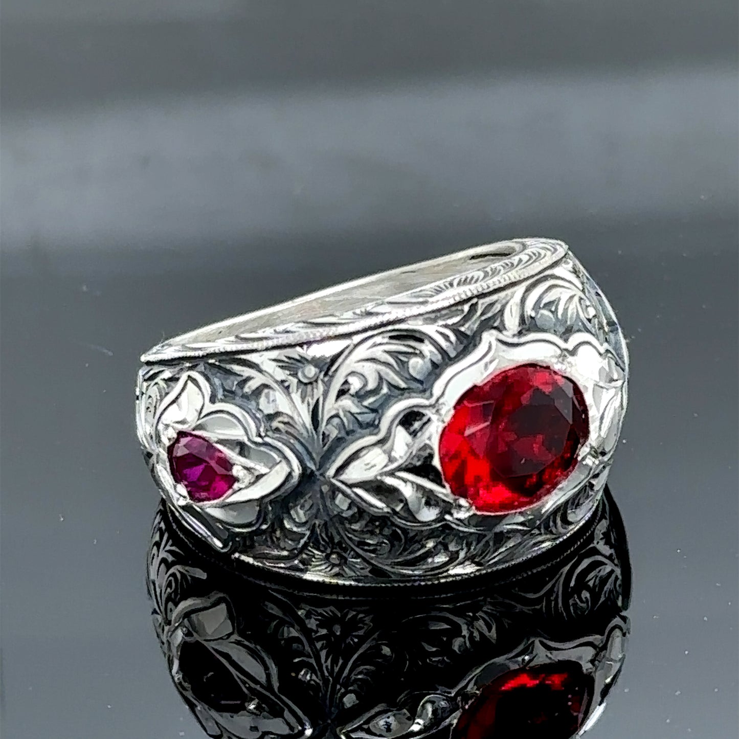 Men Handmade Engraved Ruby Gemstone Wedding Wide Band Ring