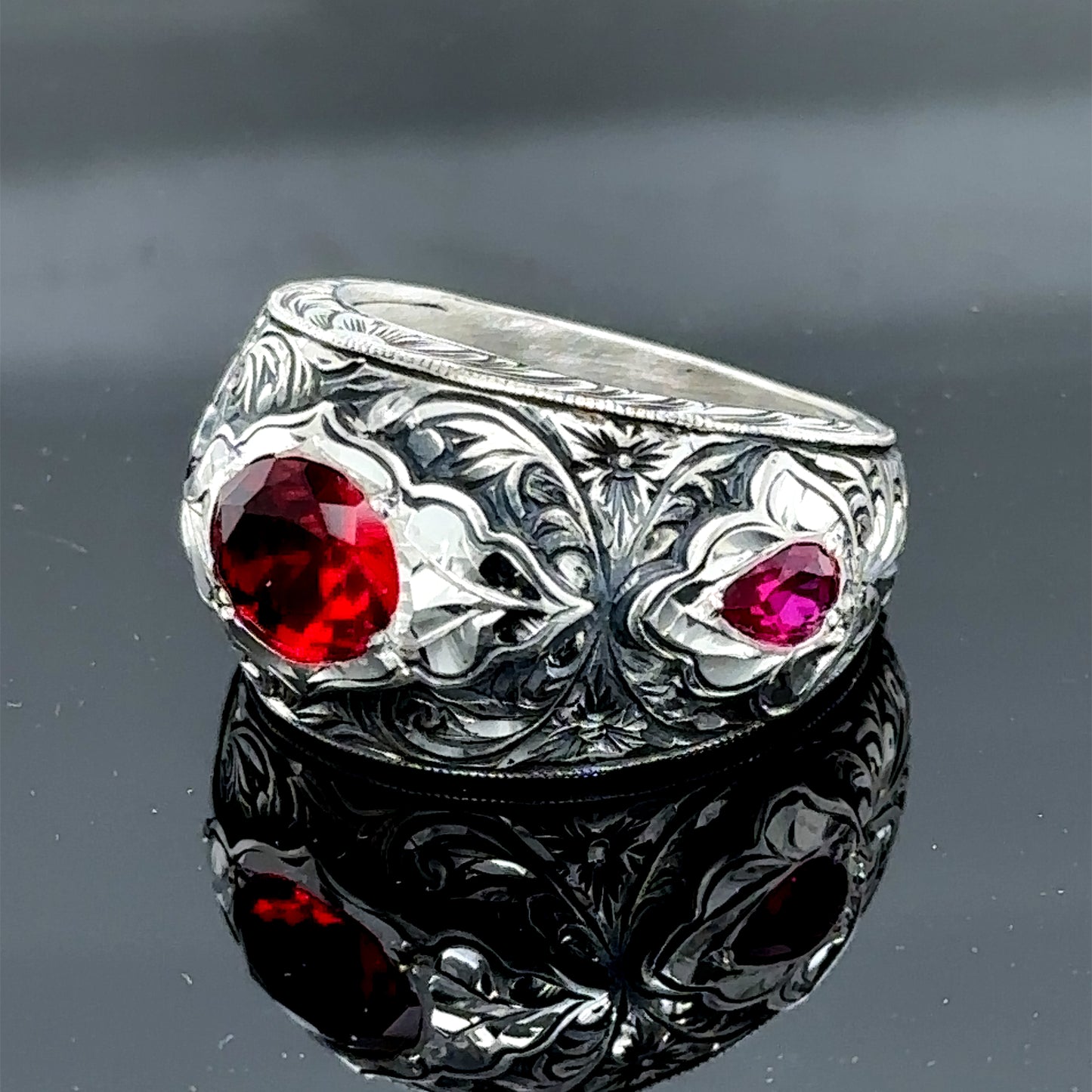 Men Handmade Engraved Ruby Gemstone Wedding Wide Band Ring