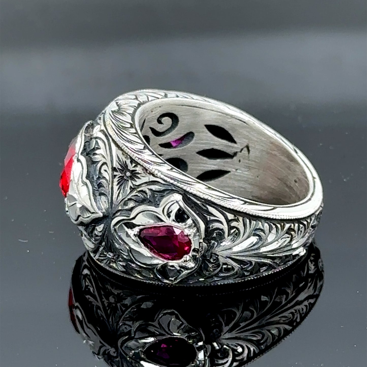 Men Handmade Engraved Ruby Gemstone Wedding Wide Band Ring