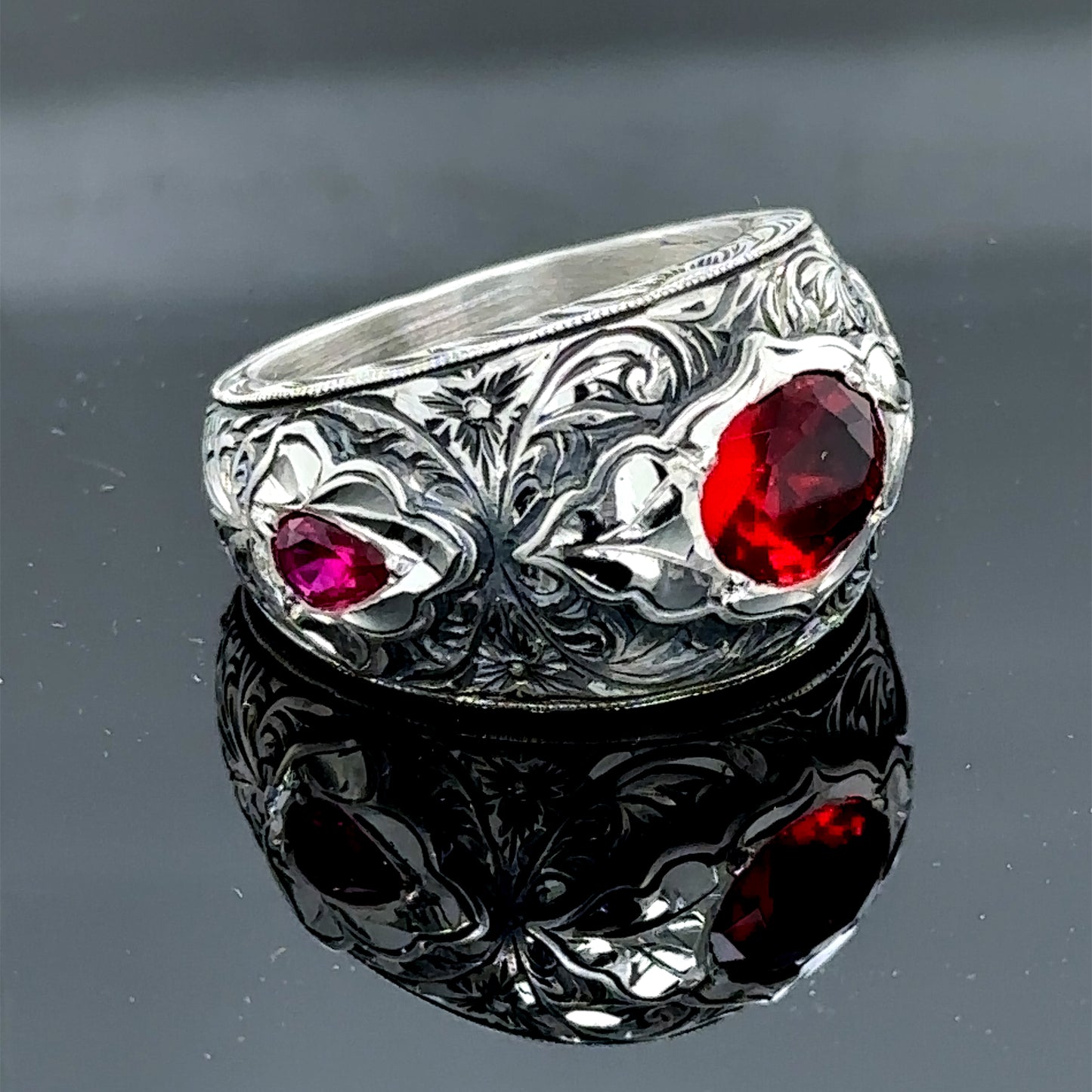 Men Handmade Engraved Ruby Gemstone Wedding Wide Band Ring