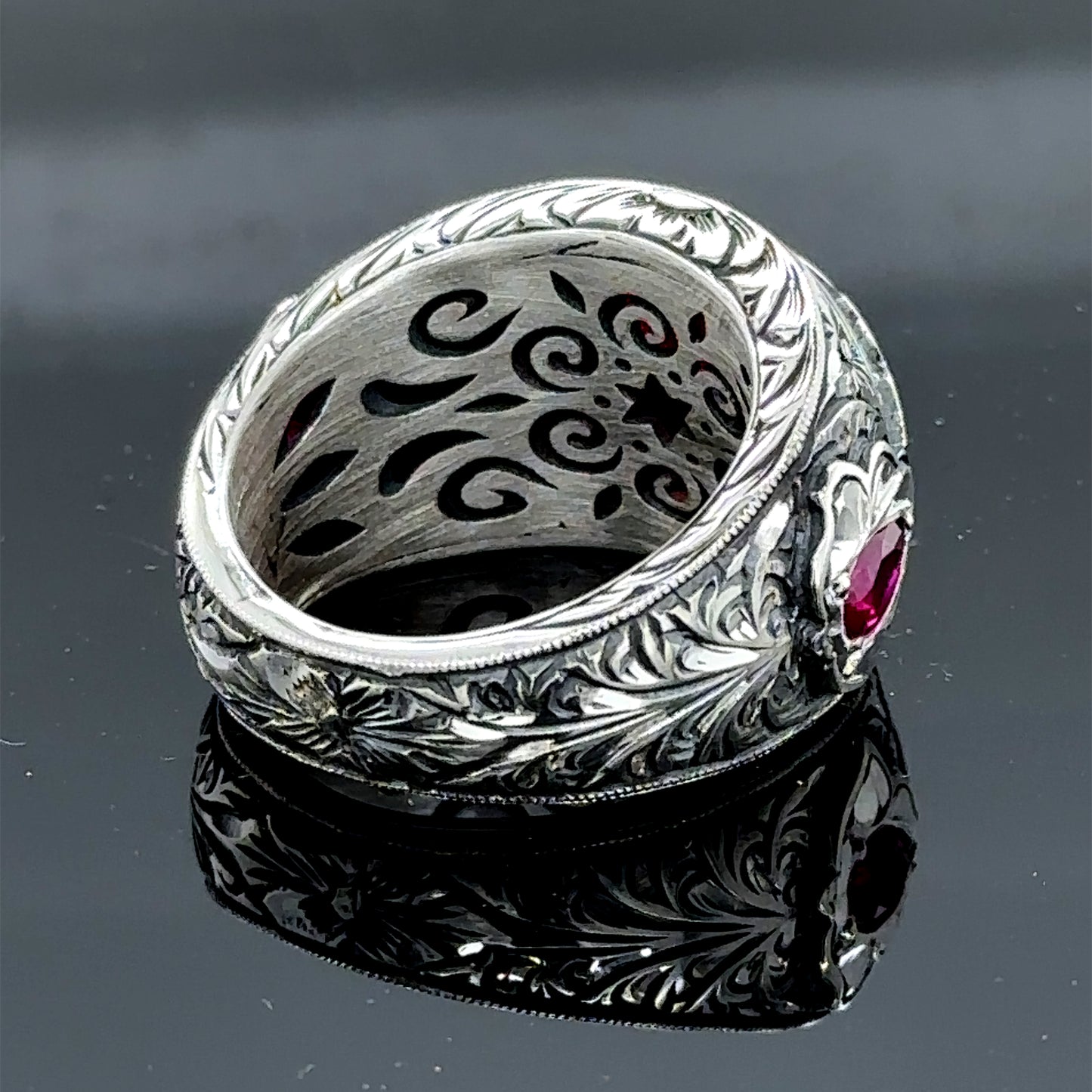 Men Handmade Engraved Ruby Gemstone Wedding Wide Band Ring