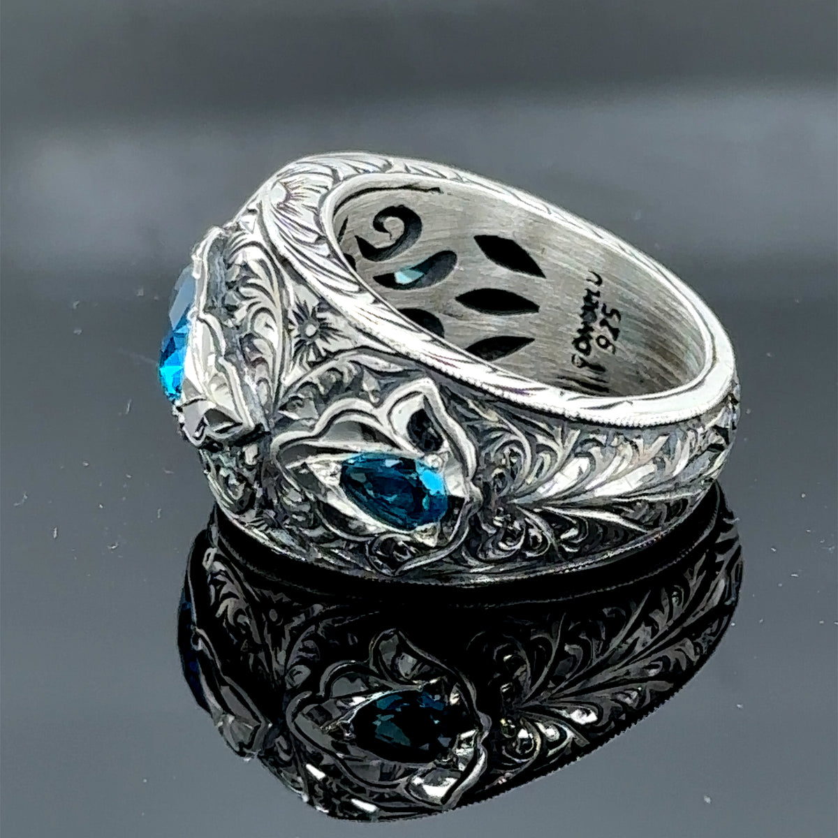 Men Silver Handmade Blue Aquamarine Gemstone Engagement Wedding Ring