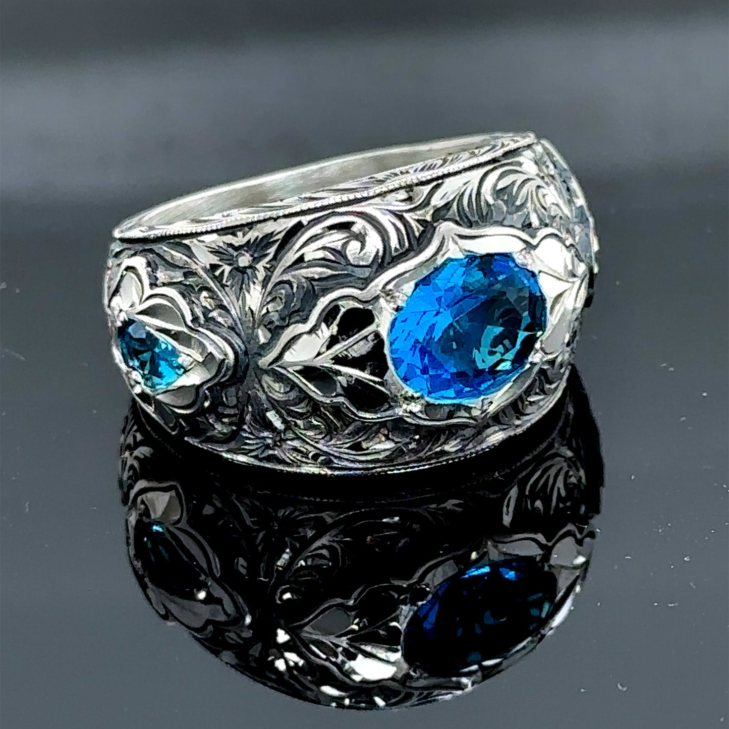 Men Silver Handmade Blue Aquamarine Gemstone Engagement Wedding Ring