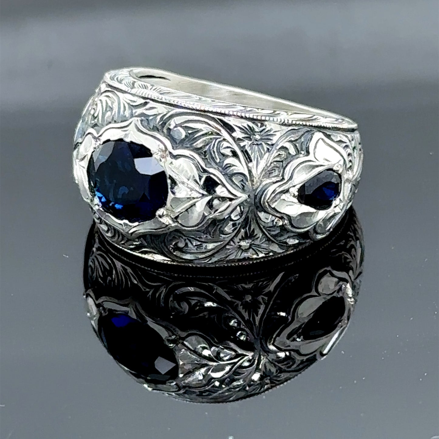 Turkish Men Handmade Blue Sapphire Stone Band Ring