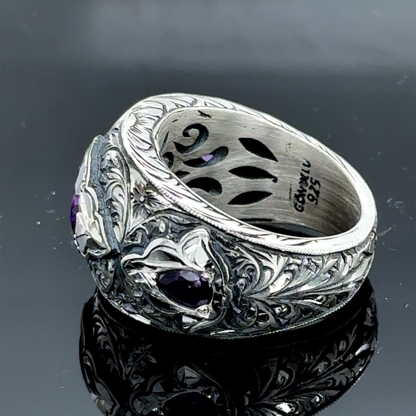 Men Handmade Natural Amethyst Engraved Wide Band Ring