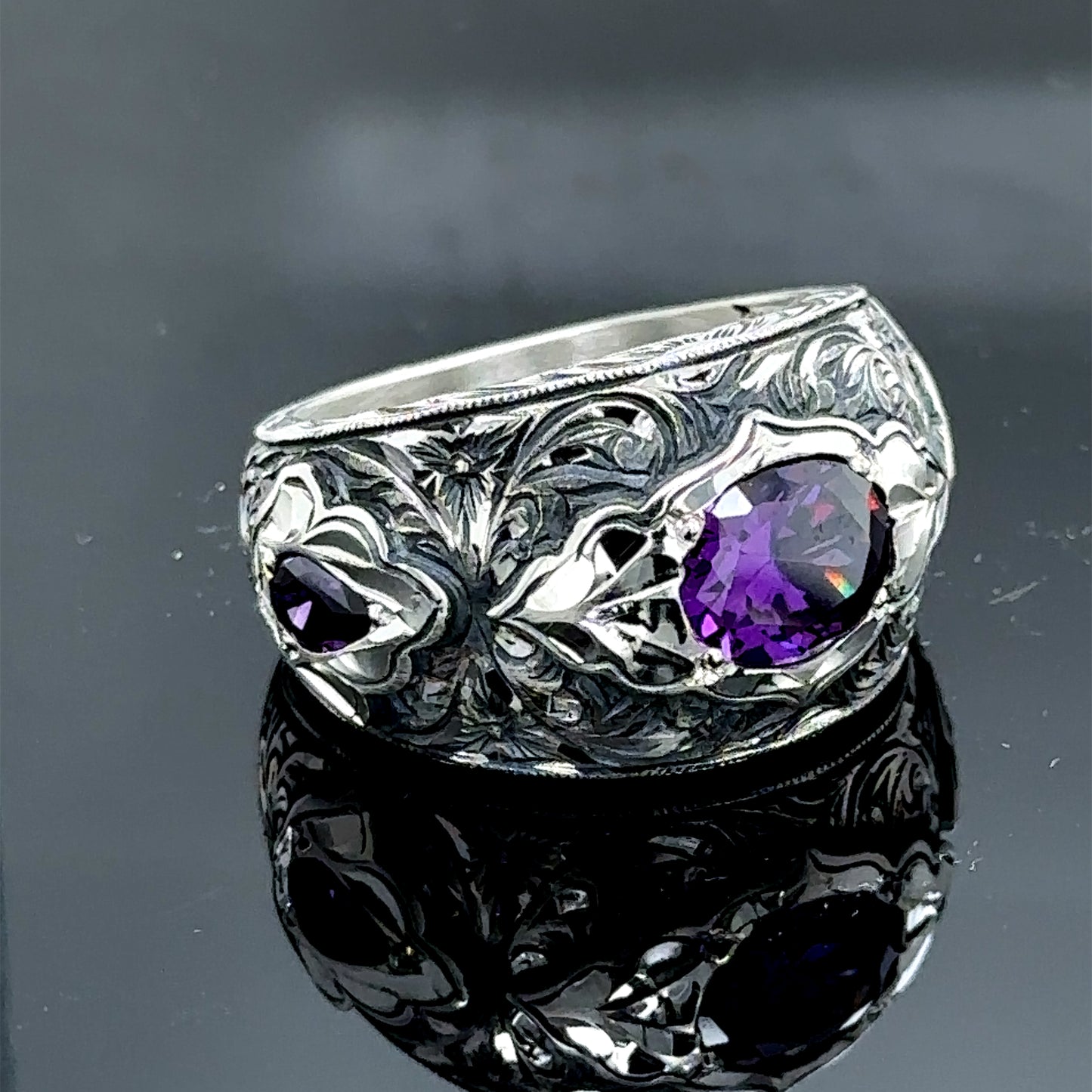 Men Handmade Natural Amethyst Engraved Wide Band Ring