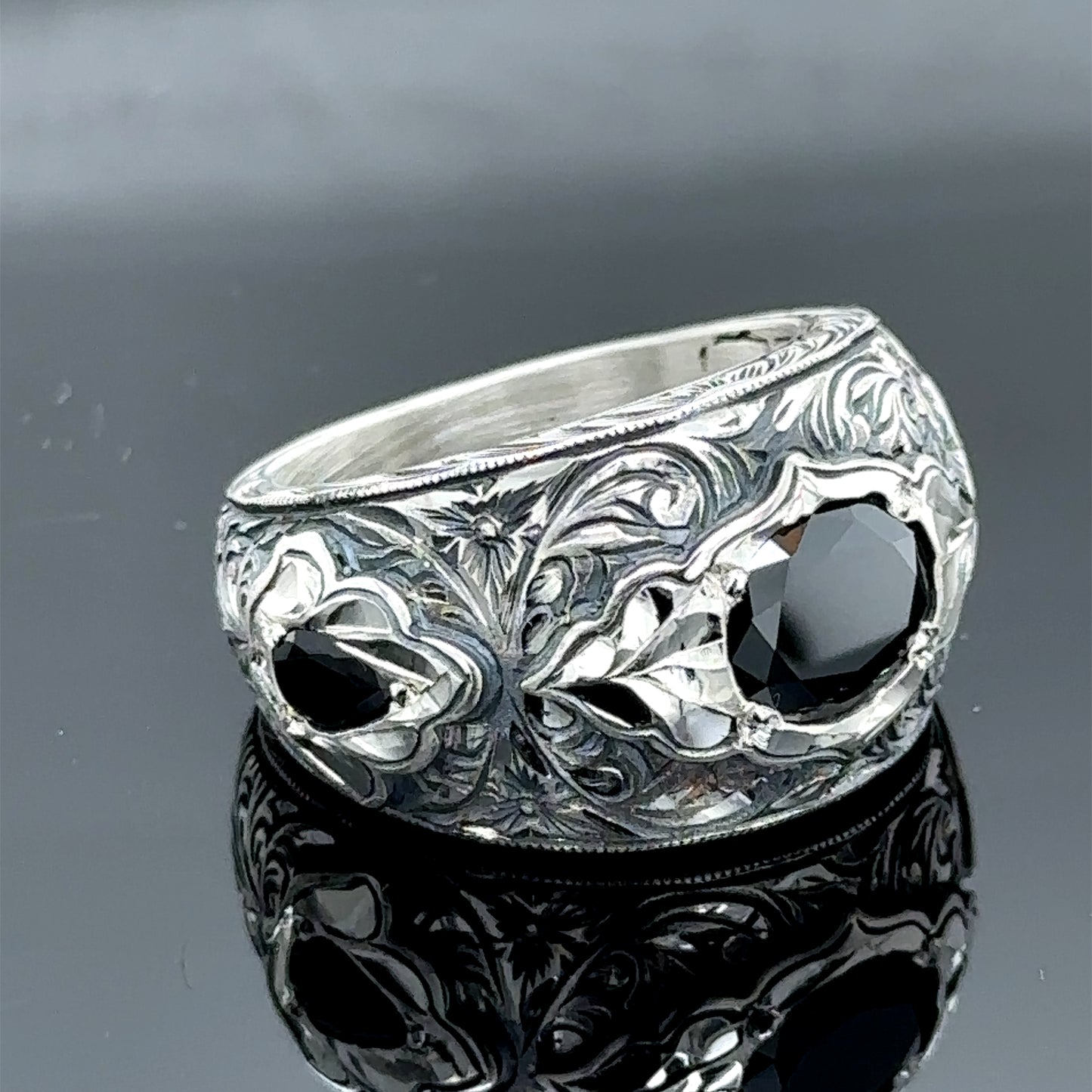 Men Handmade Black Zircon Gemstone Engraved Ring