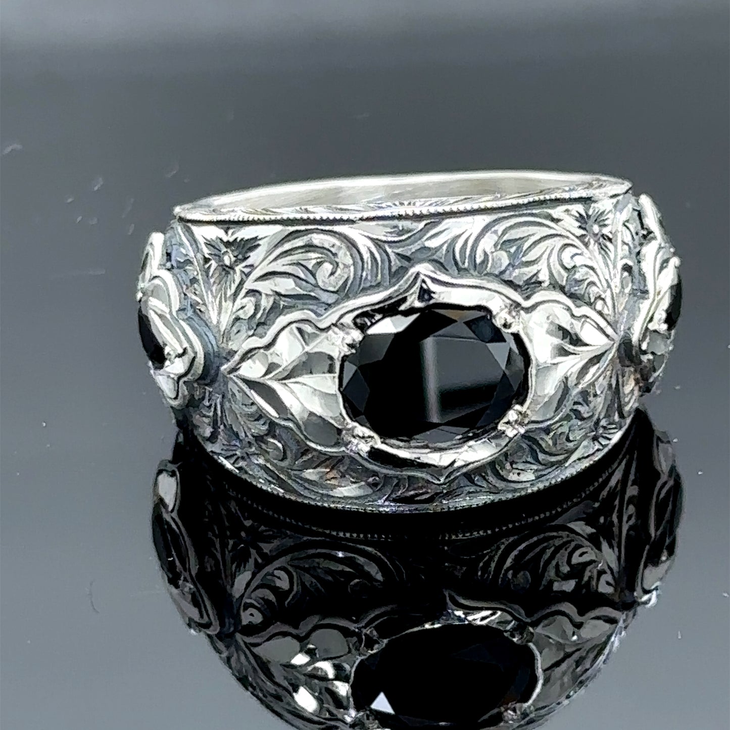 Men Handmade Black Zircon Gemstone Engraved Ring