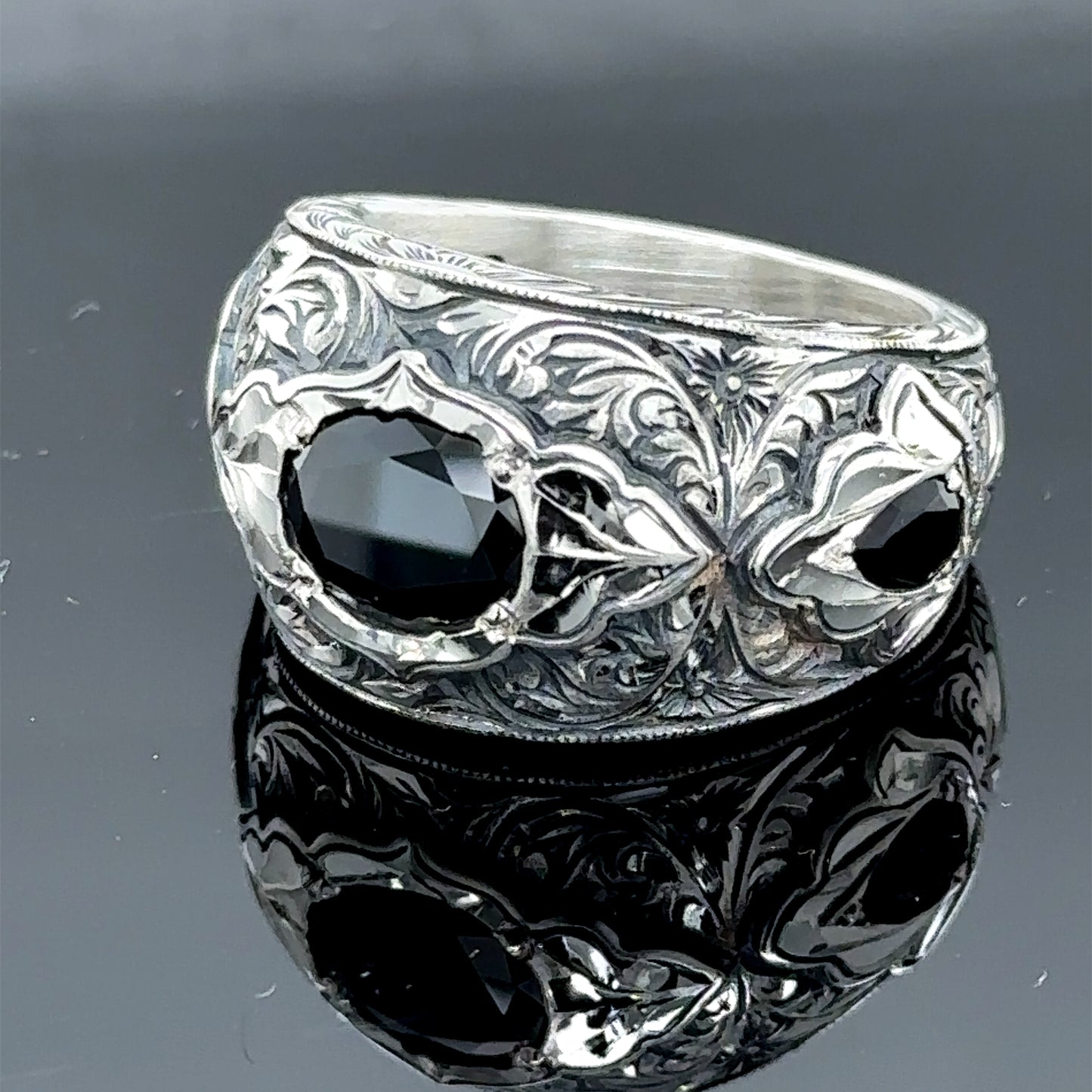 Men Handmade Black Zircon Gemstone Engraved Ring