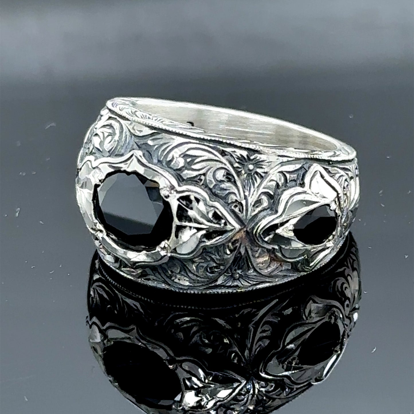 Men Handmade Black Zircon Gemstone Engraved Ring