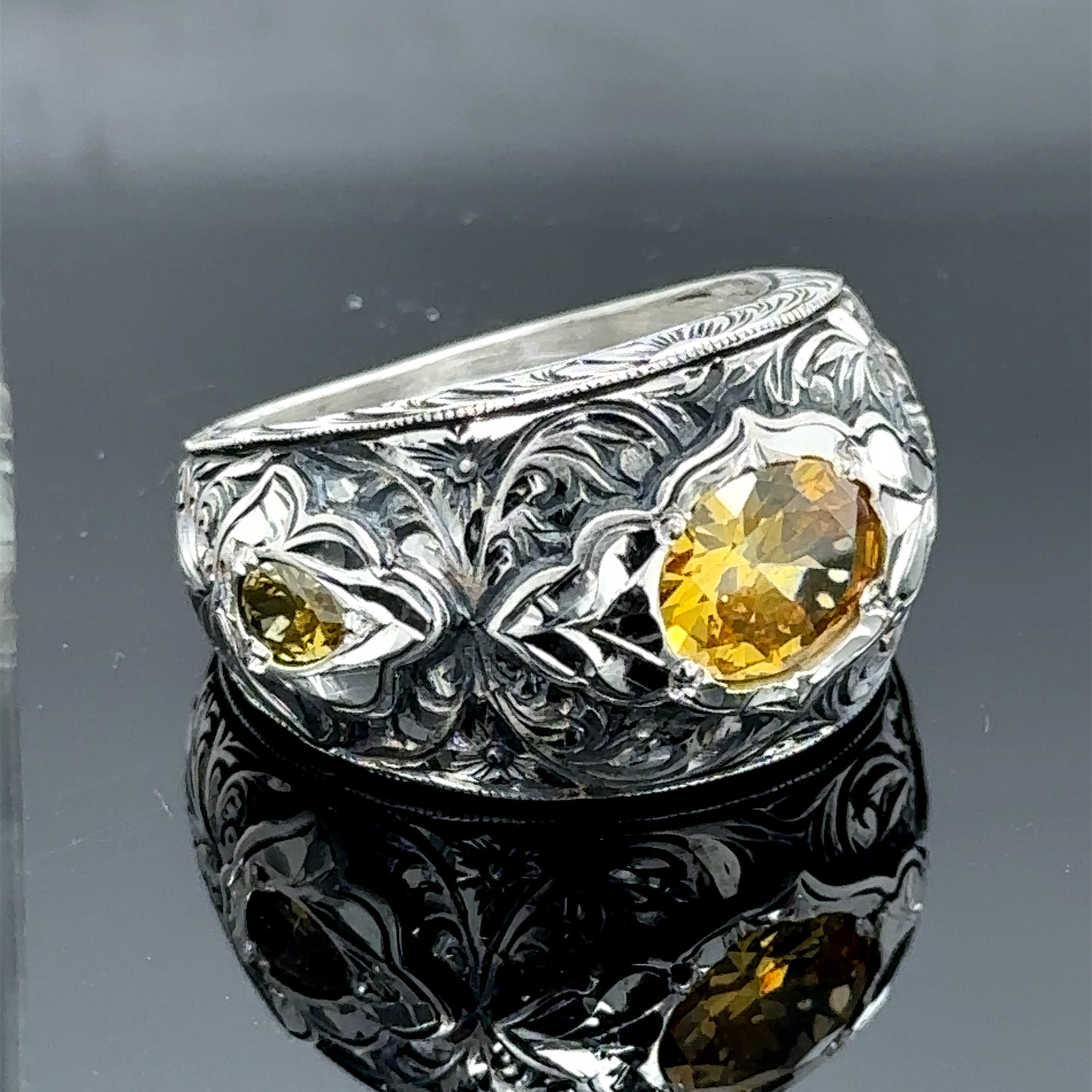 Men Handmade Yellow Citrine Gemstone Engraved Ring