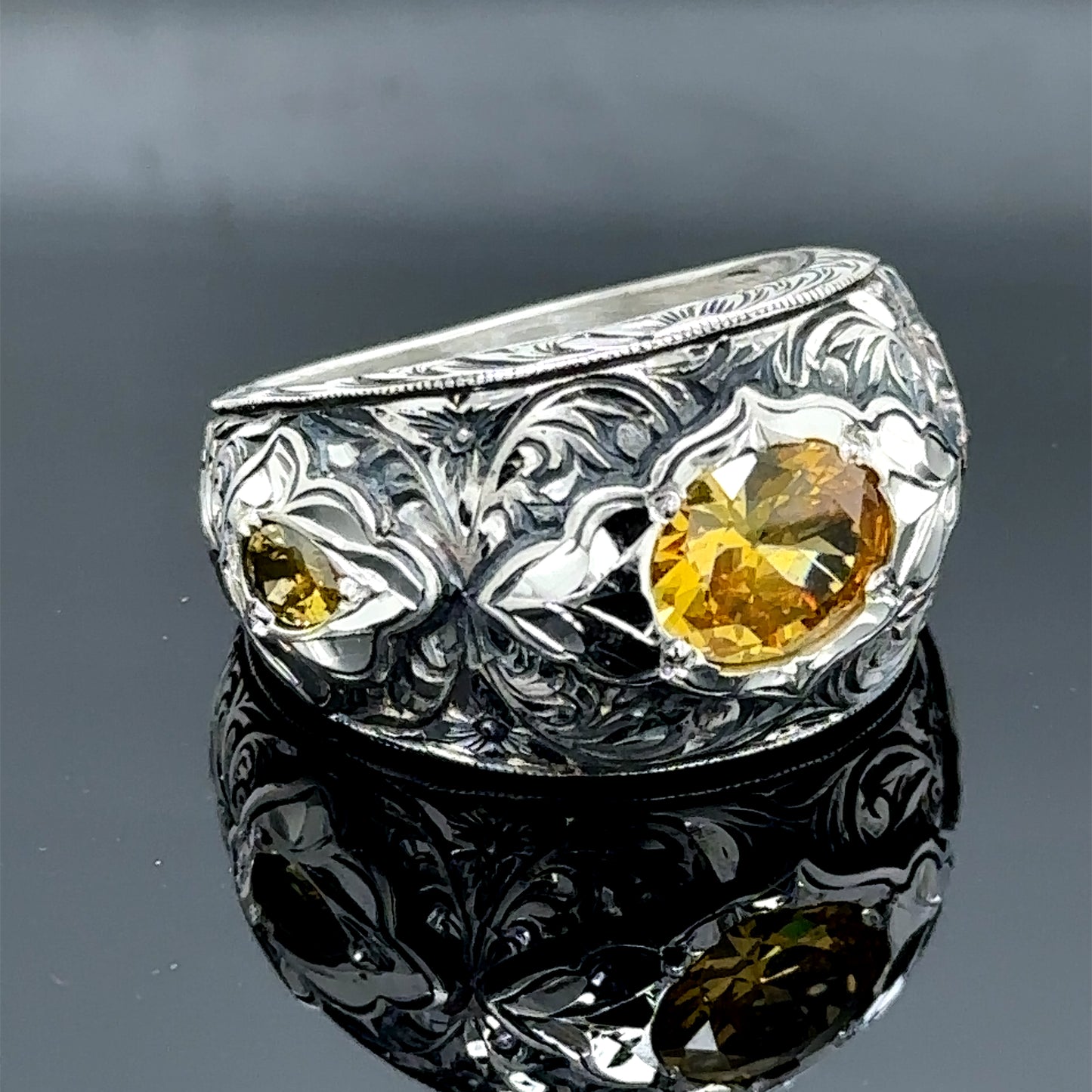 Men Handmade Yellow Citrine Gemstone Engraved Ring