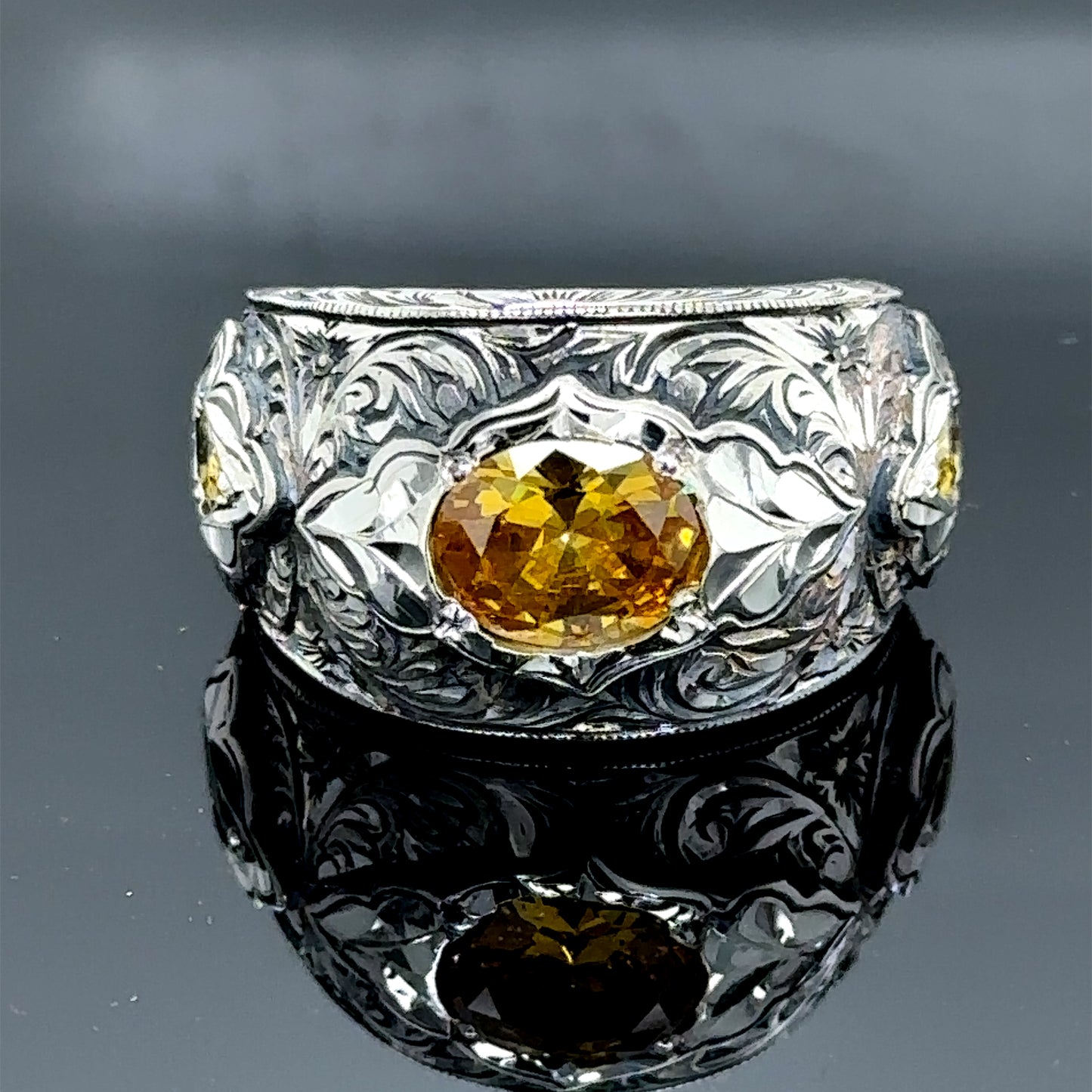 Men Handmade Yellow Citrine Gemstone Engraved Ring