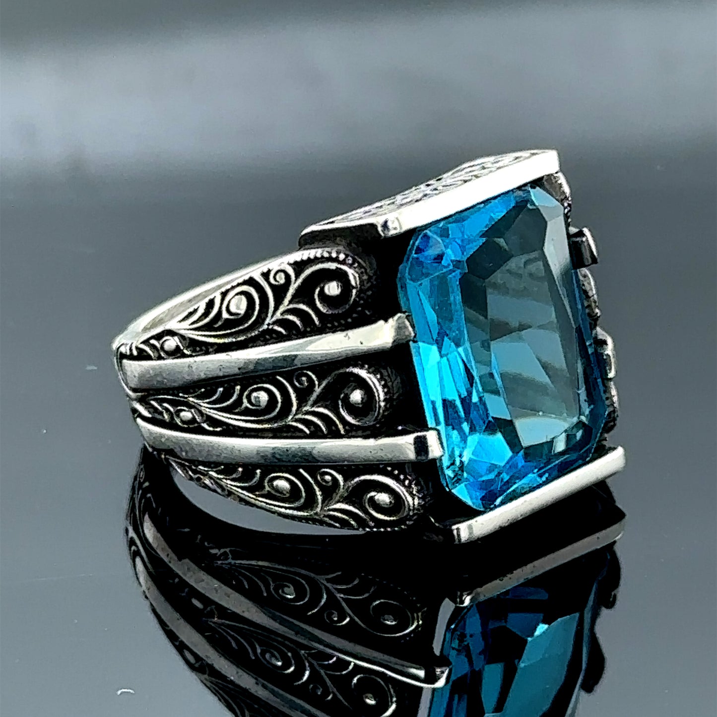 Men Handmade Aquamarine Gemstone Engraved Ring