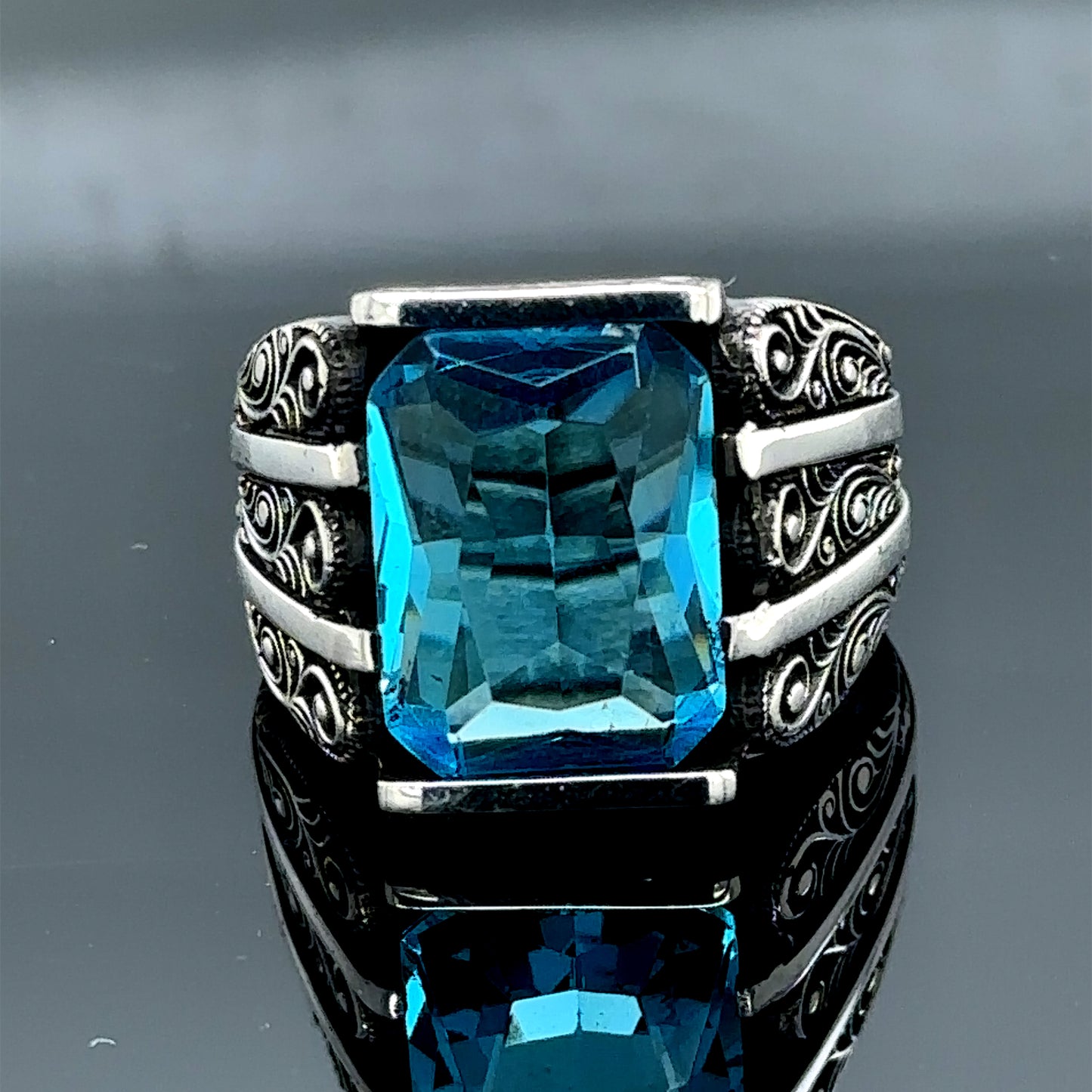 Men Handmade Aquamarine Gemstone Engraved Ring