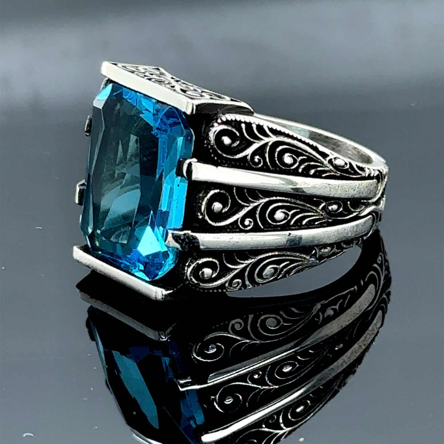 Men Handmade Aquamarine Gemstone Engraved Ring