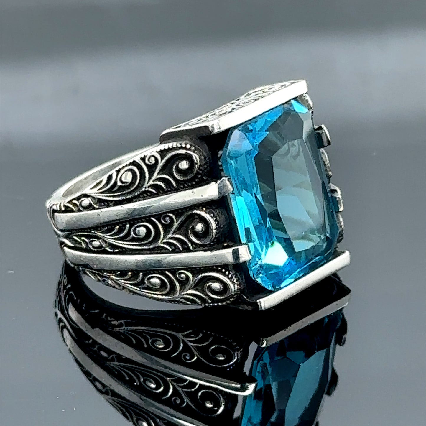 Men Handmade Aquamarine Gemstone Engraved Ring