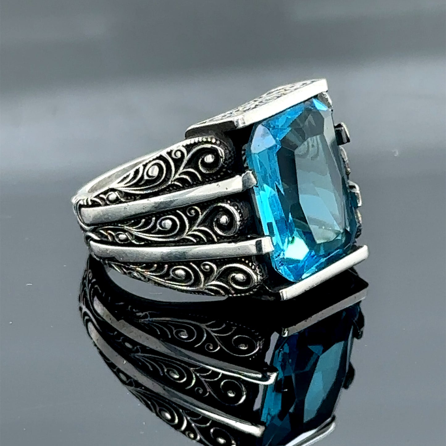 Men Handmade Aquamarine Gemstone Engraved Ring