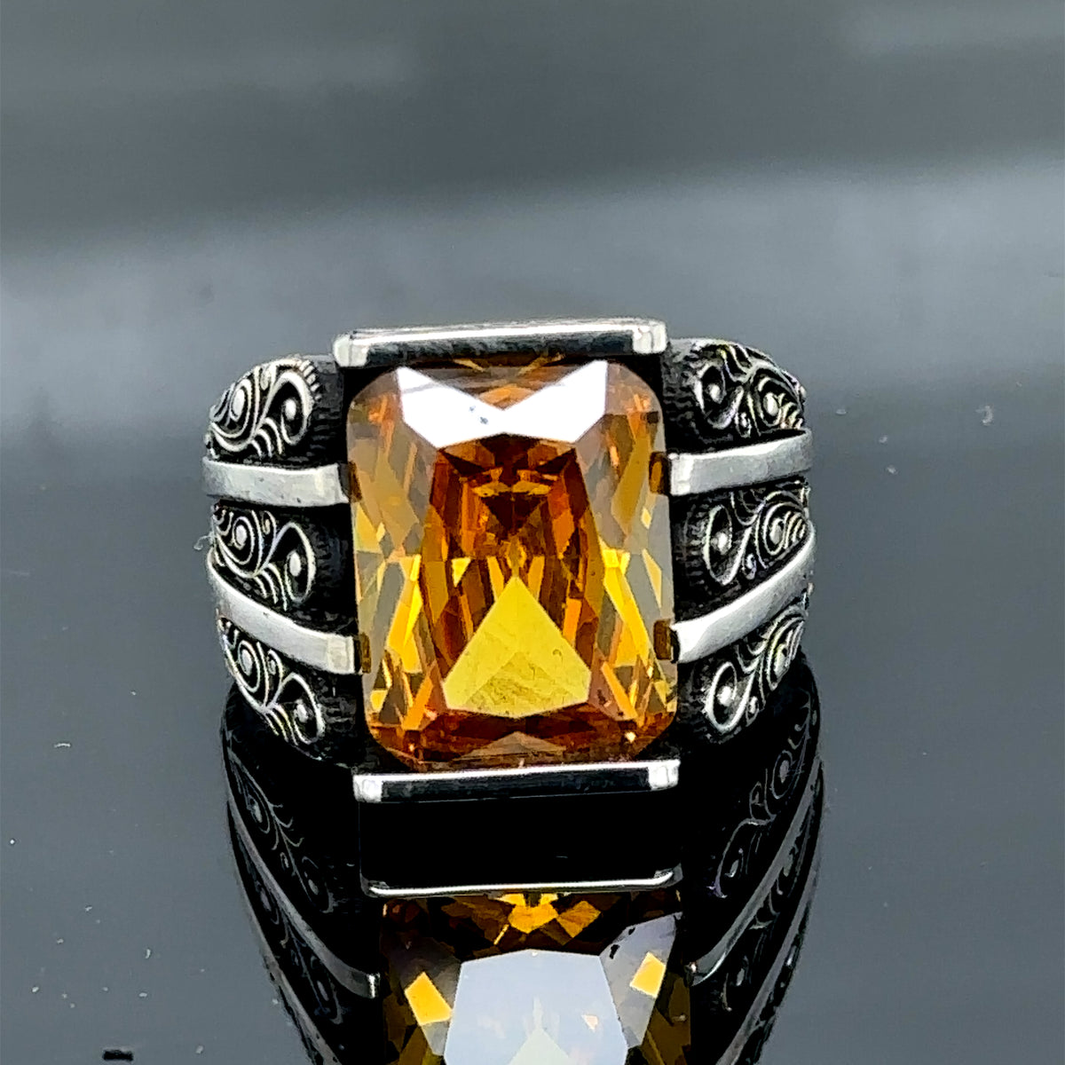 Men Handmade Engraved Yellow Citrine Stone Ring