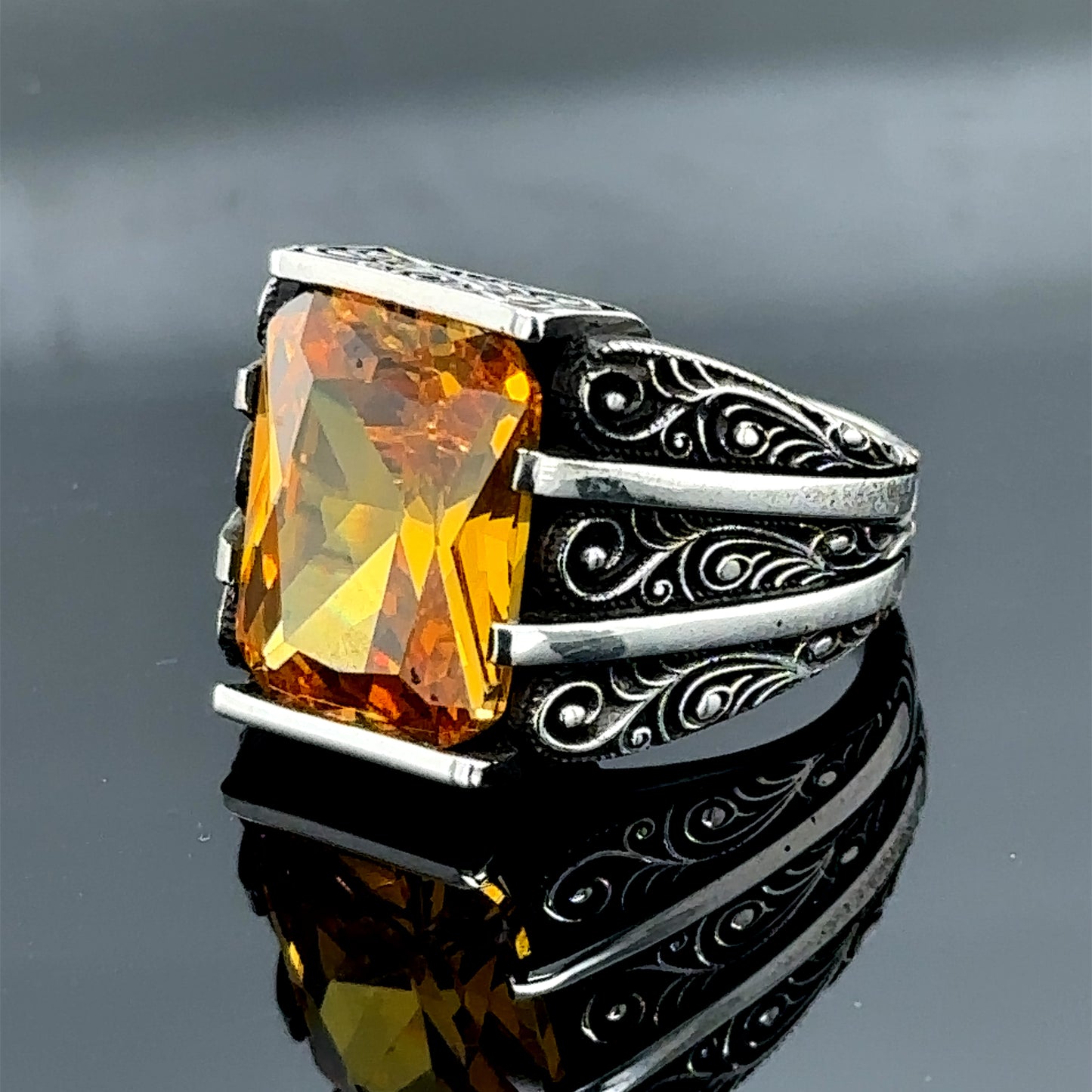 Men Handmade Engraved Yellow Citrine Stone Ring