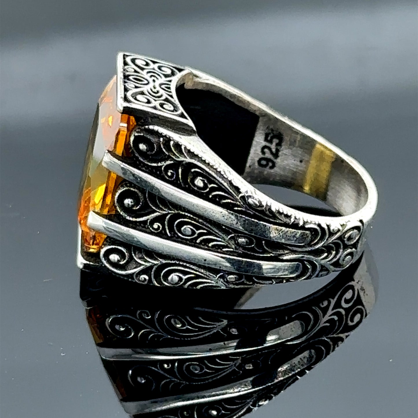 Men Handmade Engraved Yellow Citrine Stone Ring