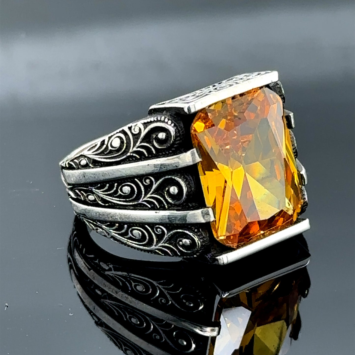 Men Handmade Engraved Yellow Citrine Stone Ring