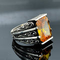 Men Handmade Engraved Yellow Citrine Stone Ring