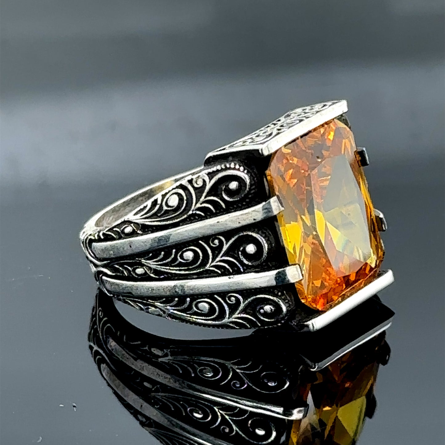 Men Handmade Engraved Yellow Citrine Stone Ring