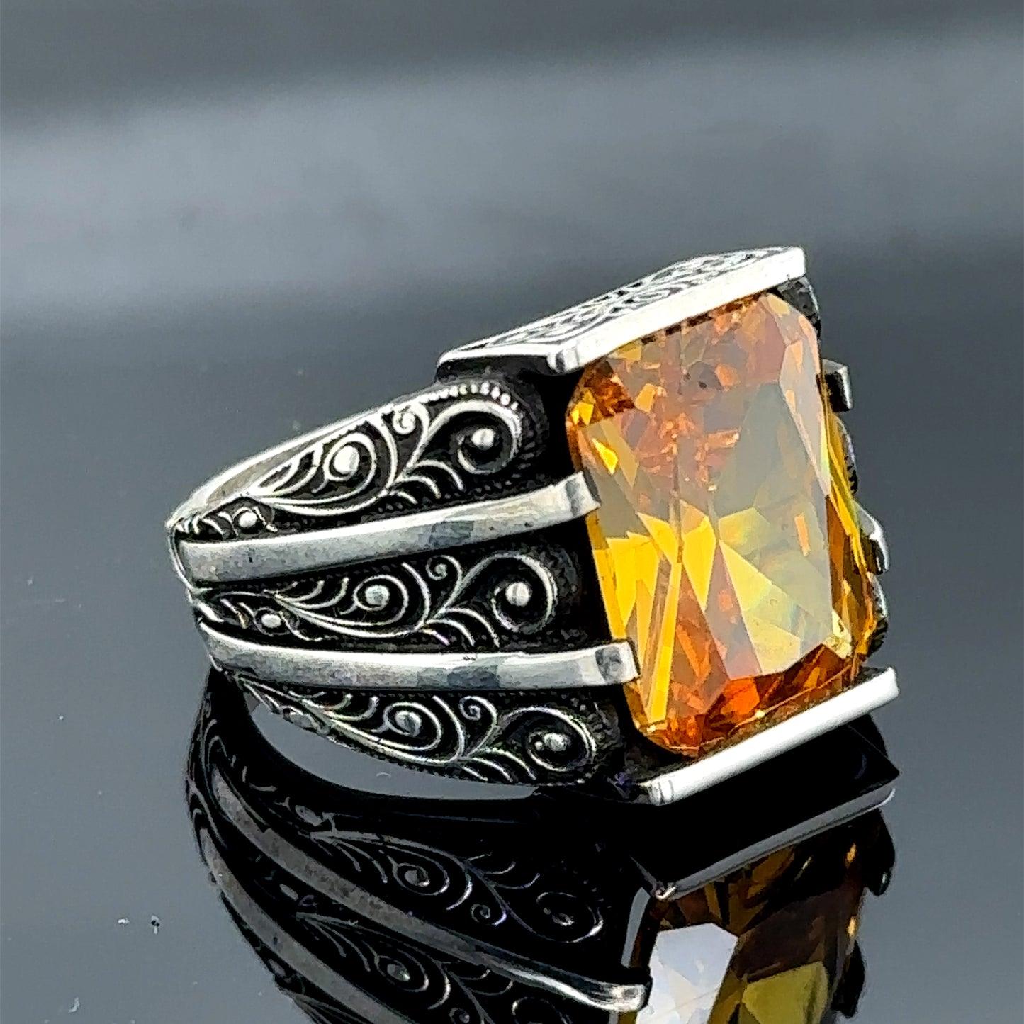 Men Handmade Engraved Yellow Citrine Stone Ring