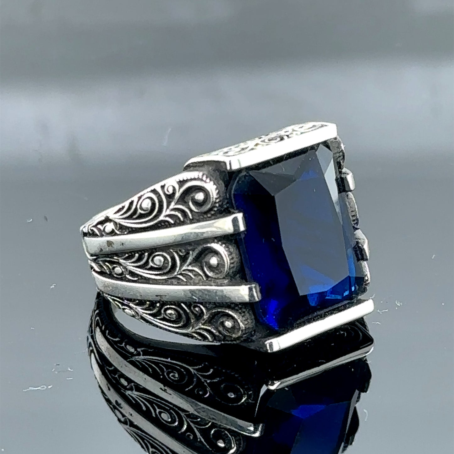 Men Handmade Blue Sapphire Stone Engraved Ring