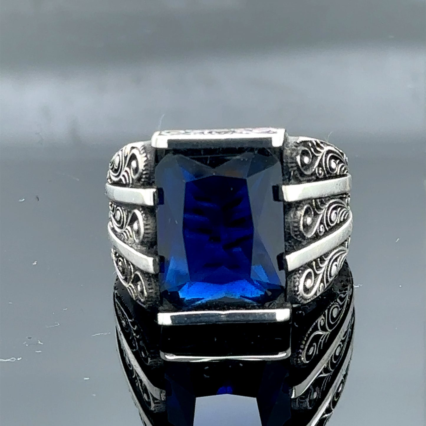 Men Handmade Blue Sapphire Stone Engraved Ring