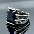 Men Handmade Blue Sapphire Stone Engraved Ring