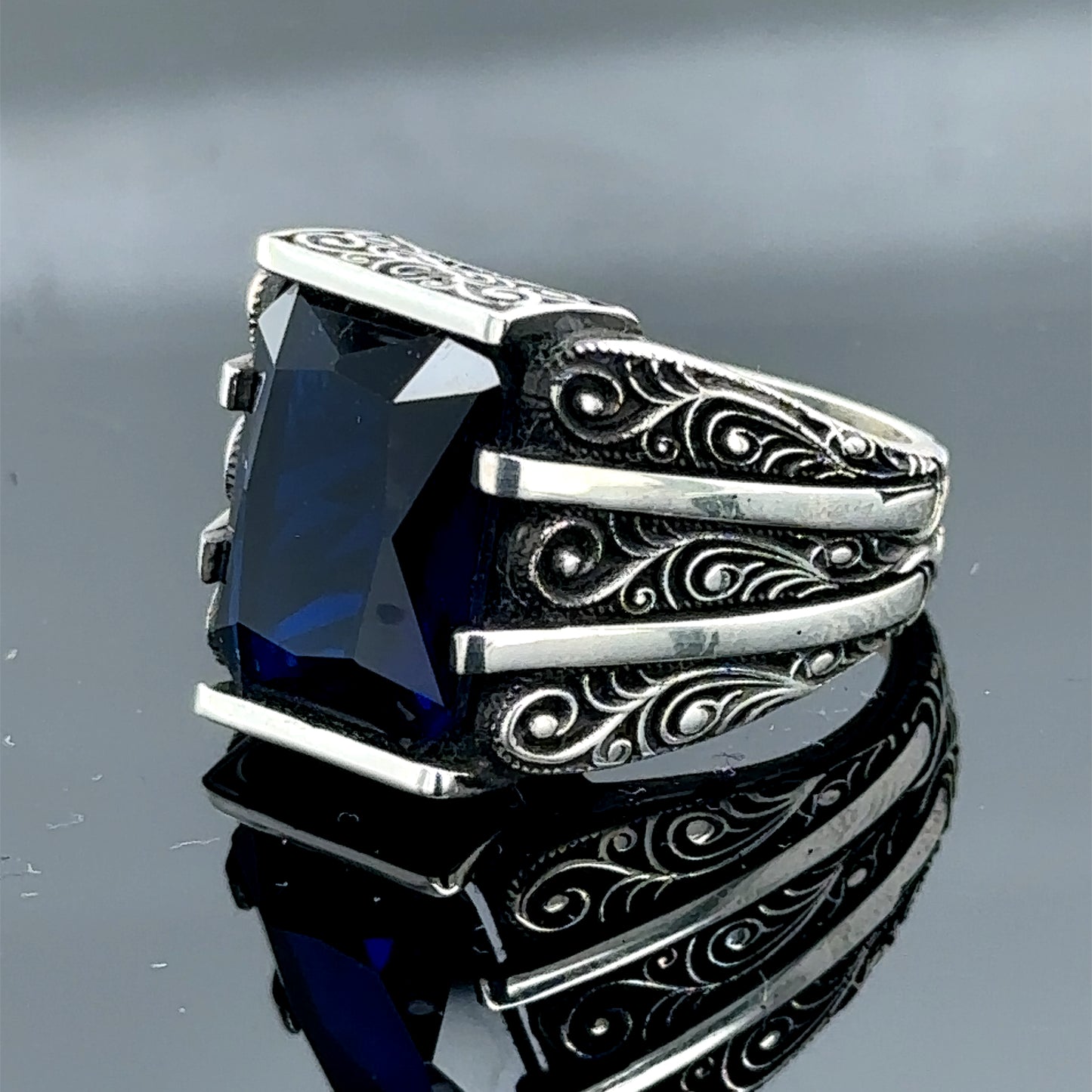 Men Handmade Blue Sapphire Stone Engraved Ring