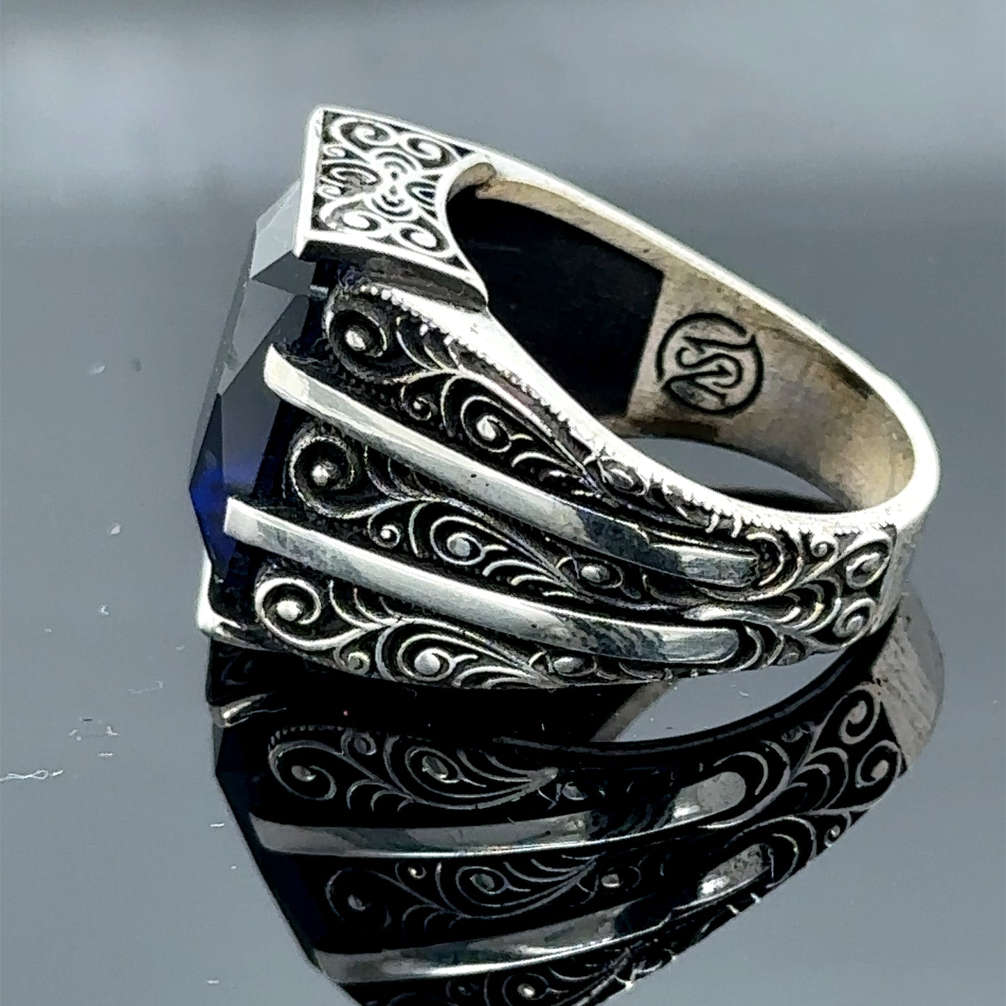 Men Handmade Blue Sapphire Stone Engraved Ring