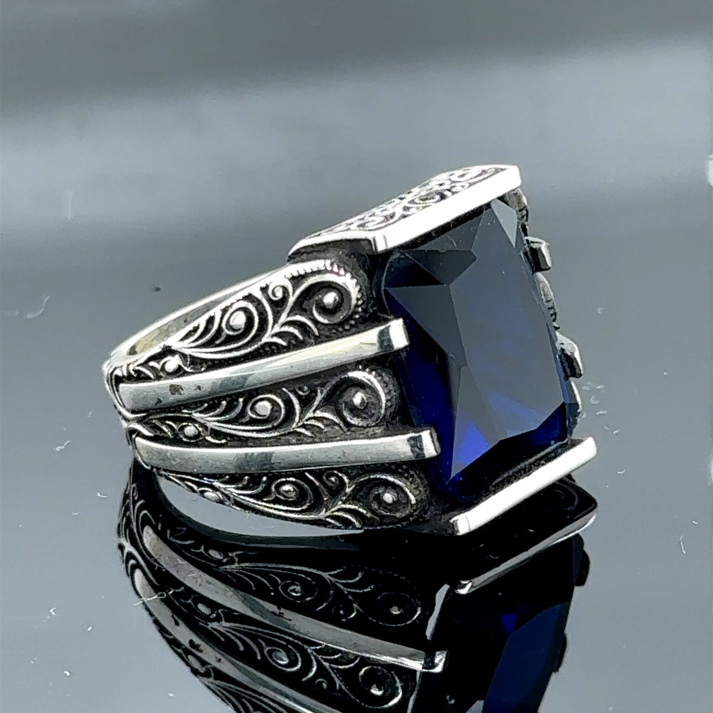 Men Handmade Blue Sapphire Stone Engraved Ring