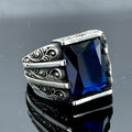 Men Handmade Blue Sapphire Stone Engraved Ring