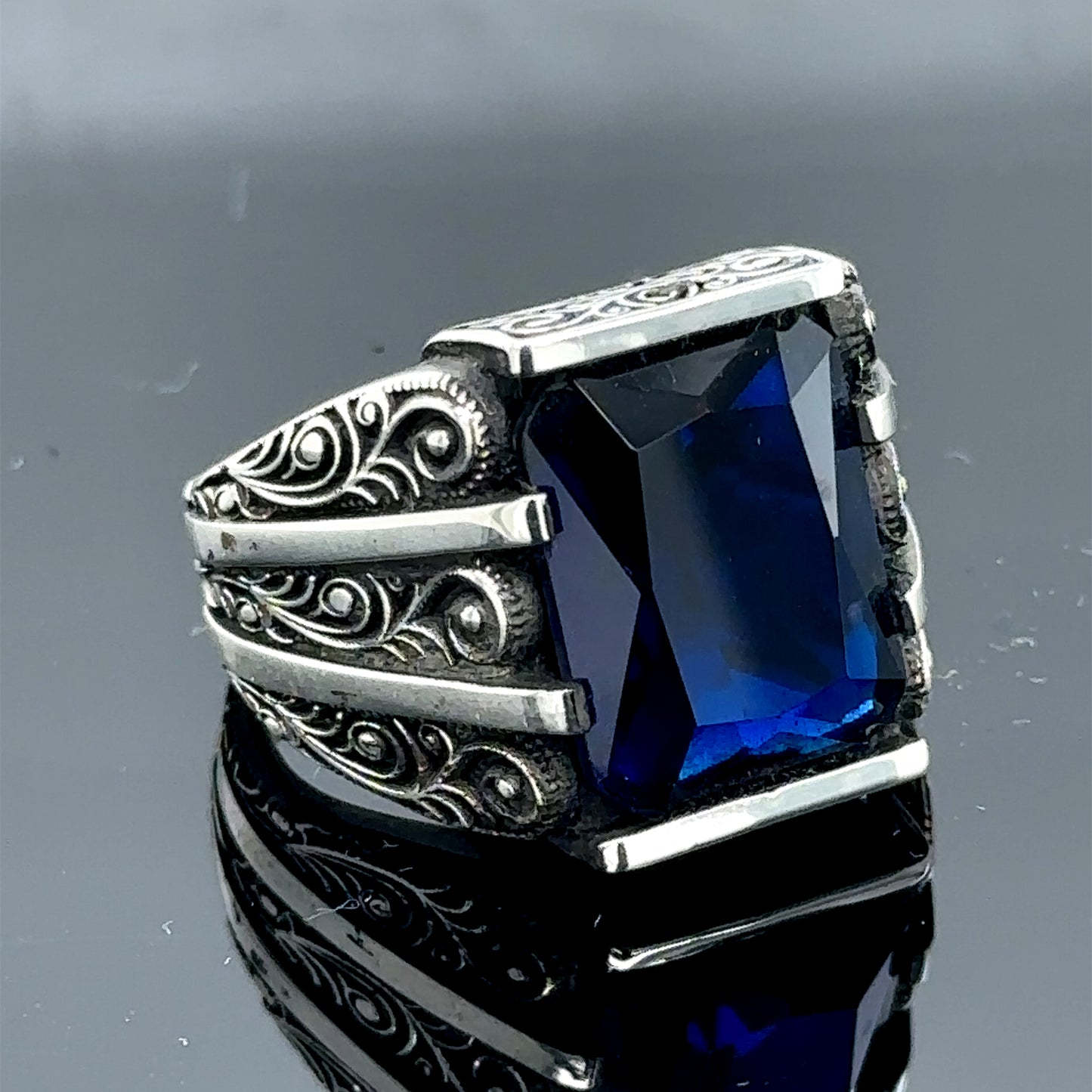 Men Handmade Blue Sapphire Stone Engraved Ring