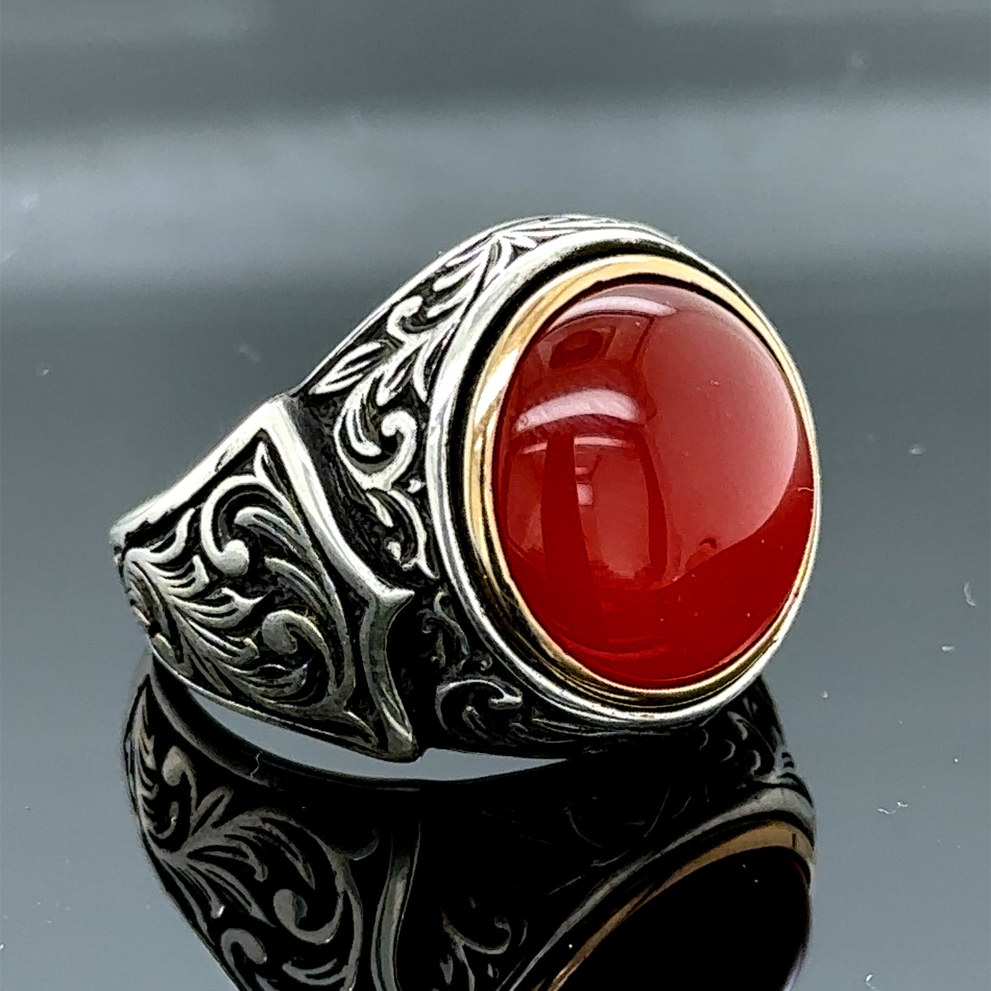 Men Silver Round Red Agate Aqeeq Gemstone Handmade Ring