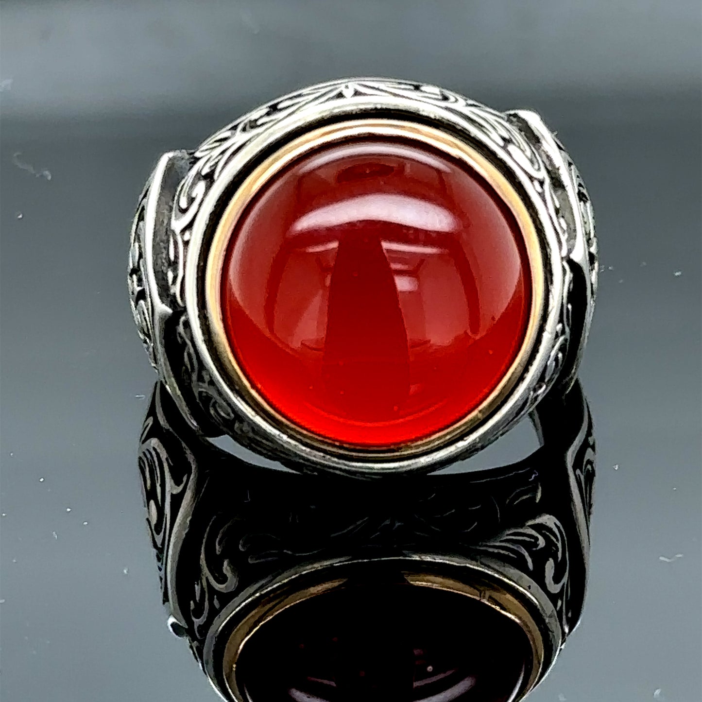 Men Silver Round Red Agate Aqeeq Gemstone Handmade Ring