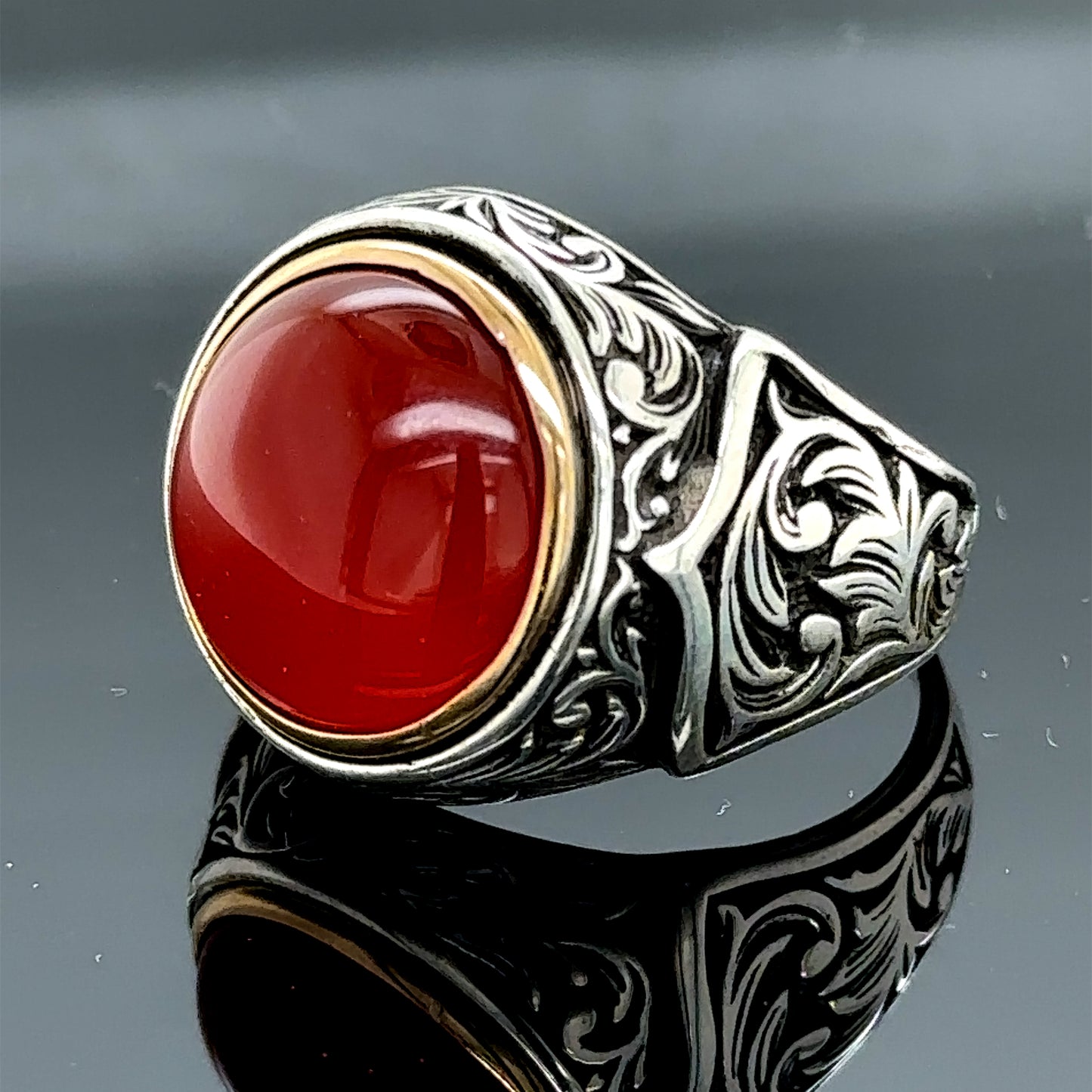 Men Silver Round Red Agate Aqeeq Gemstone Handmade Ring