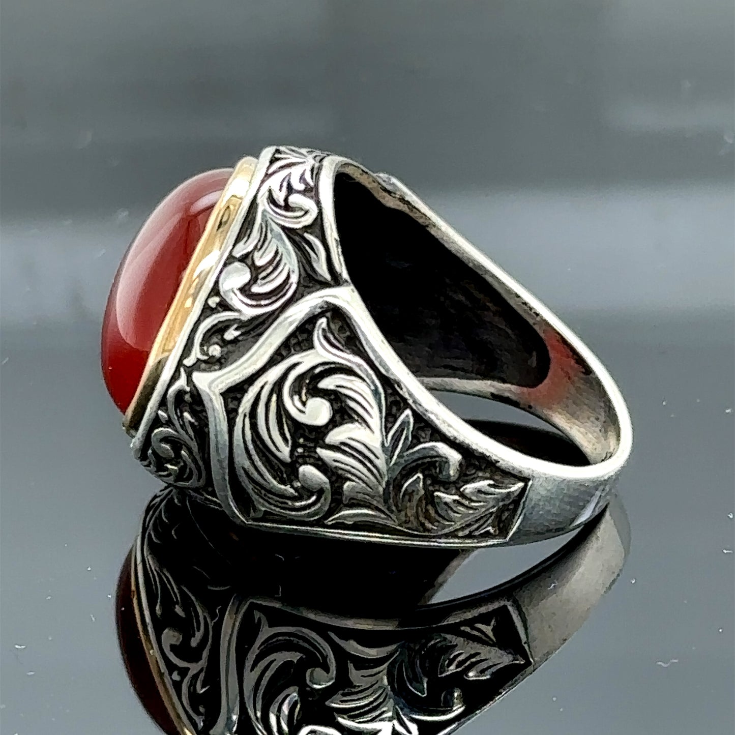 Men Silver Round Red Agate Aqeeq Gemstone Handmade Ring