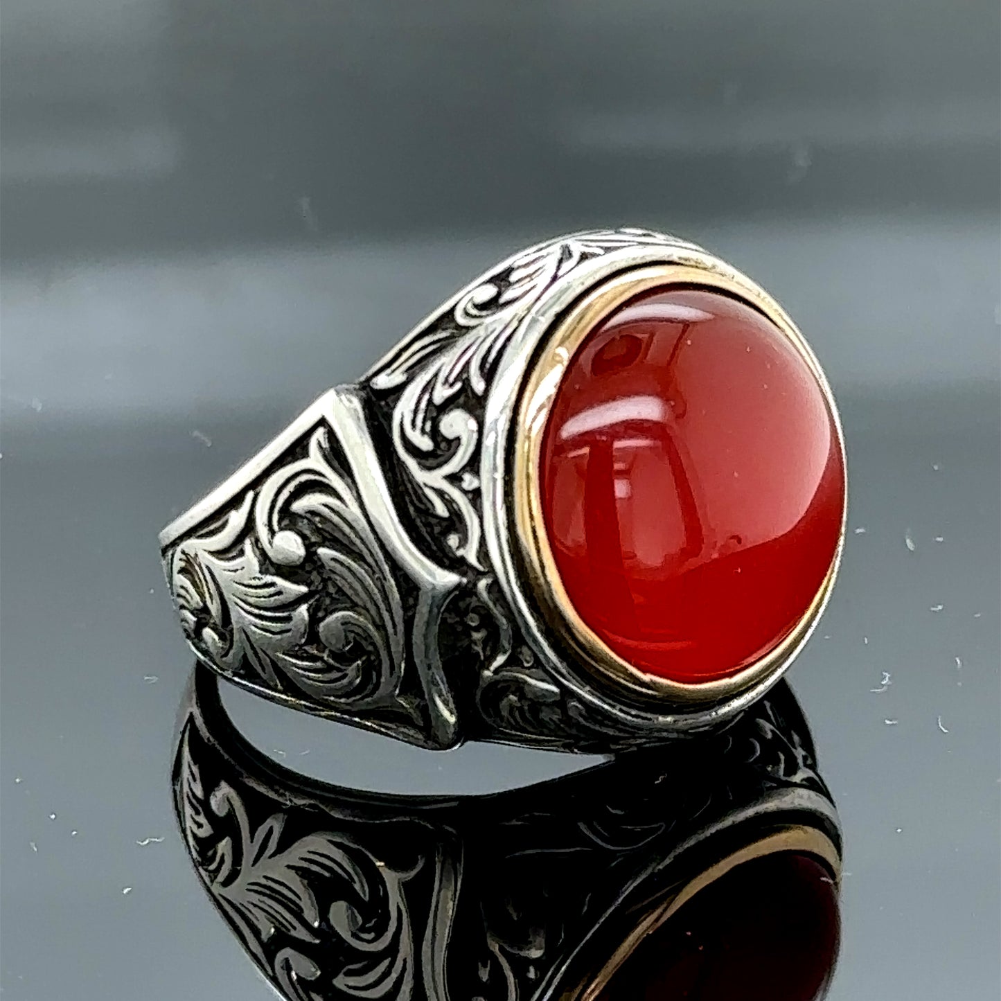 Men Silver Round Red Agate Aqeeq Gemstone Handmade Ring