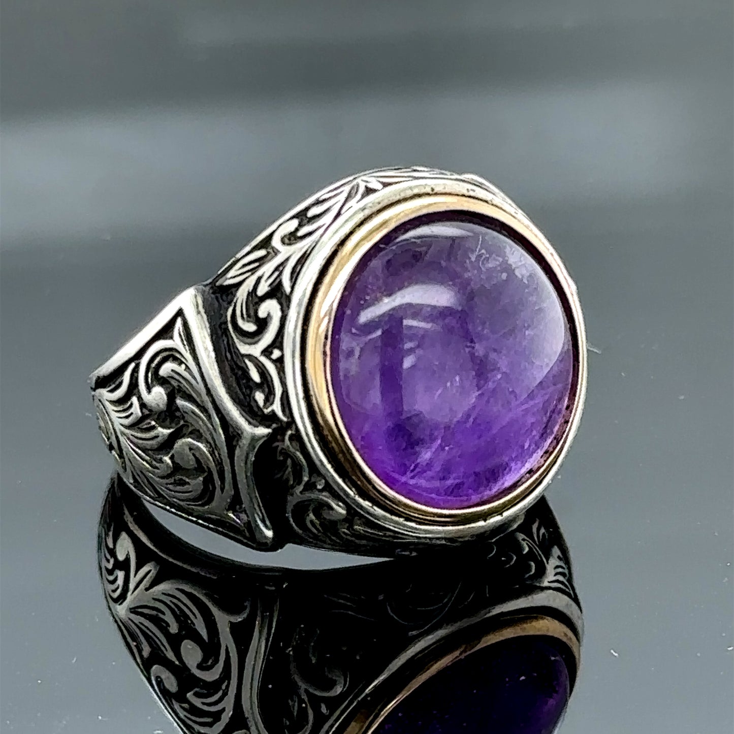 Men Silver Natural Round Amethyst Gemstone Ring