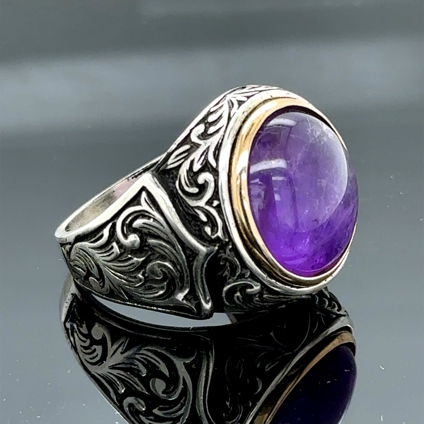 Men Silver Natural Round Amethyst Gemstone Ring