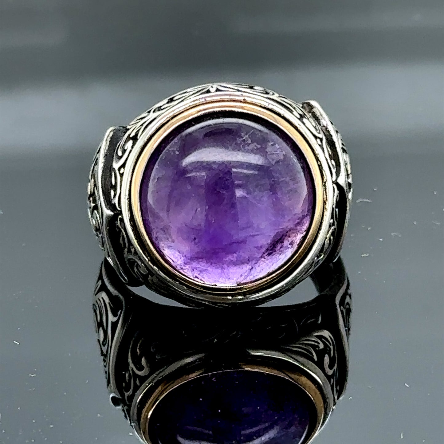 Men Silver Natural Round Amethyst Gemstone Ring