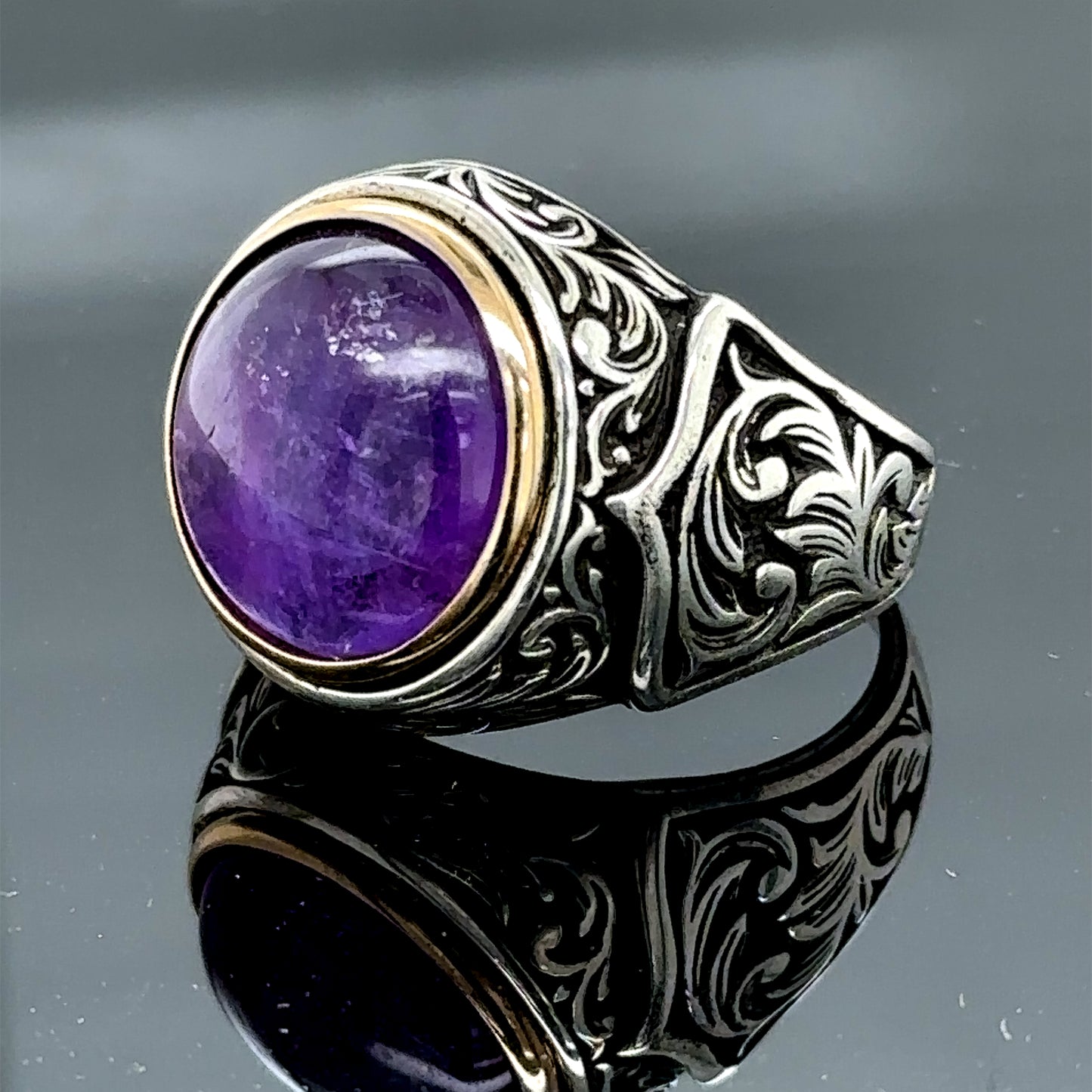 Men Silver Natural Round Amethyst Gemstone Ring