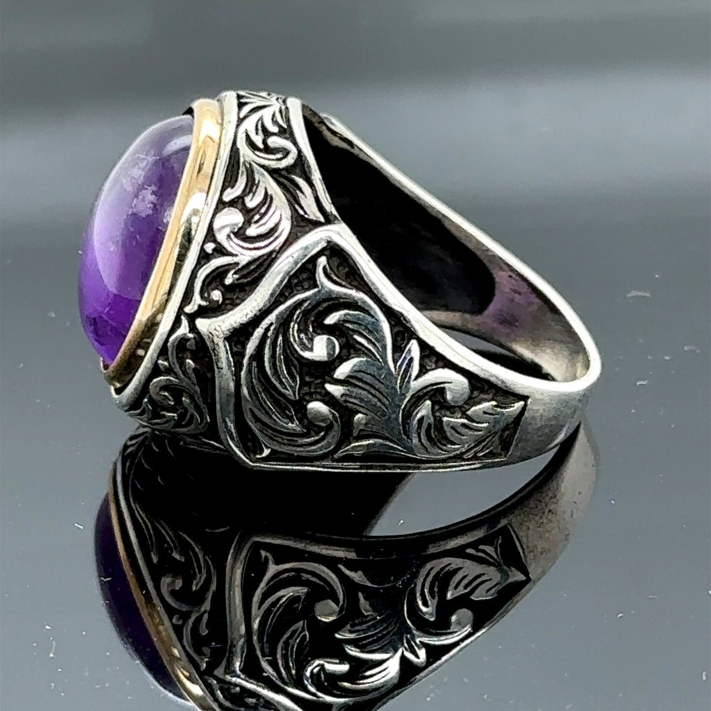 Men Silver Natural Round Amethyst Gemstone Ring